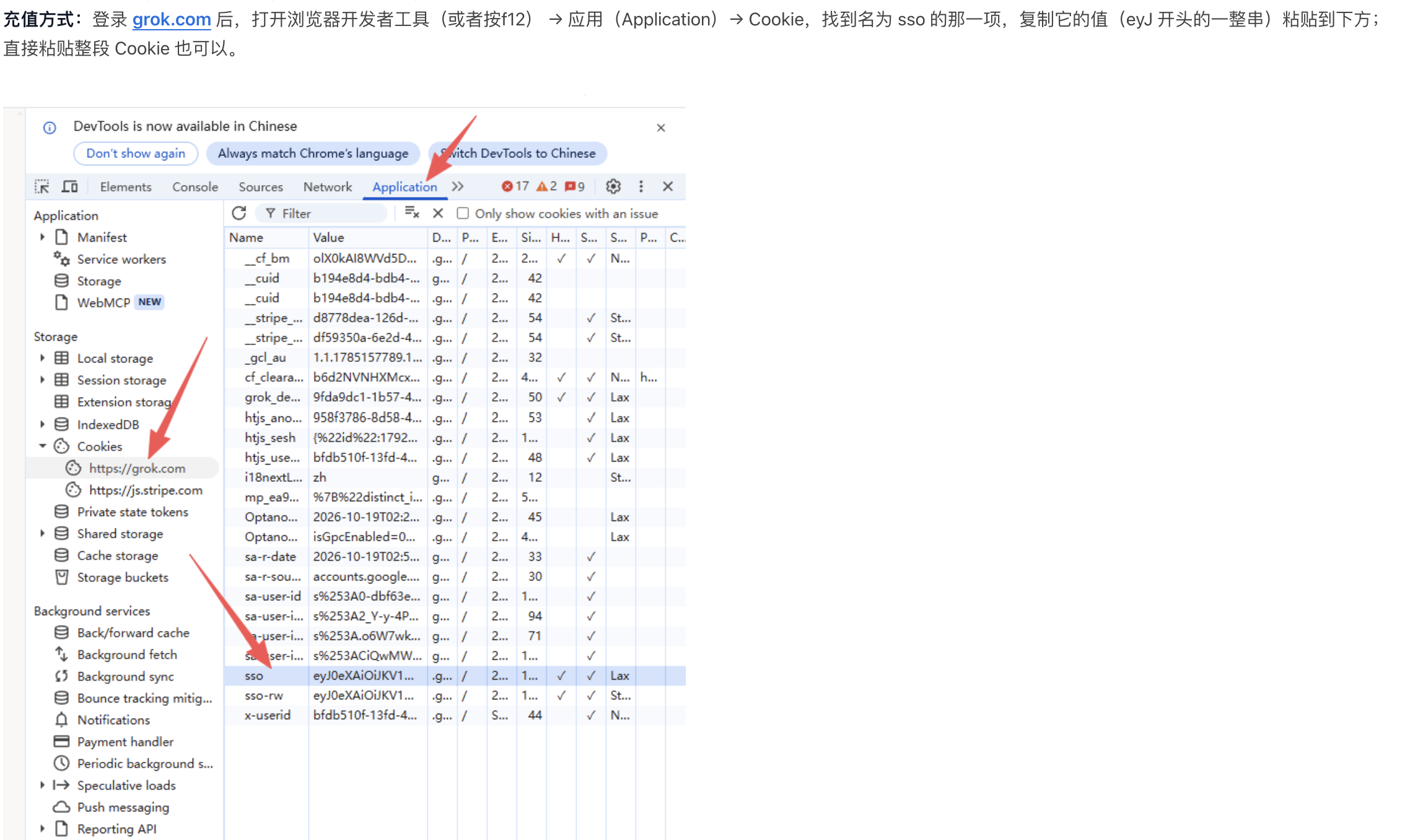 开发者工具中 Application、Cookies 和 sso 所在位置示意
